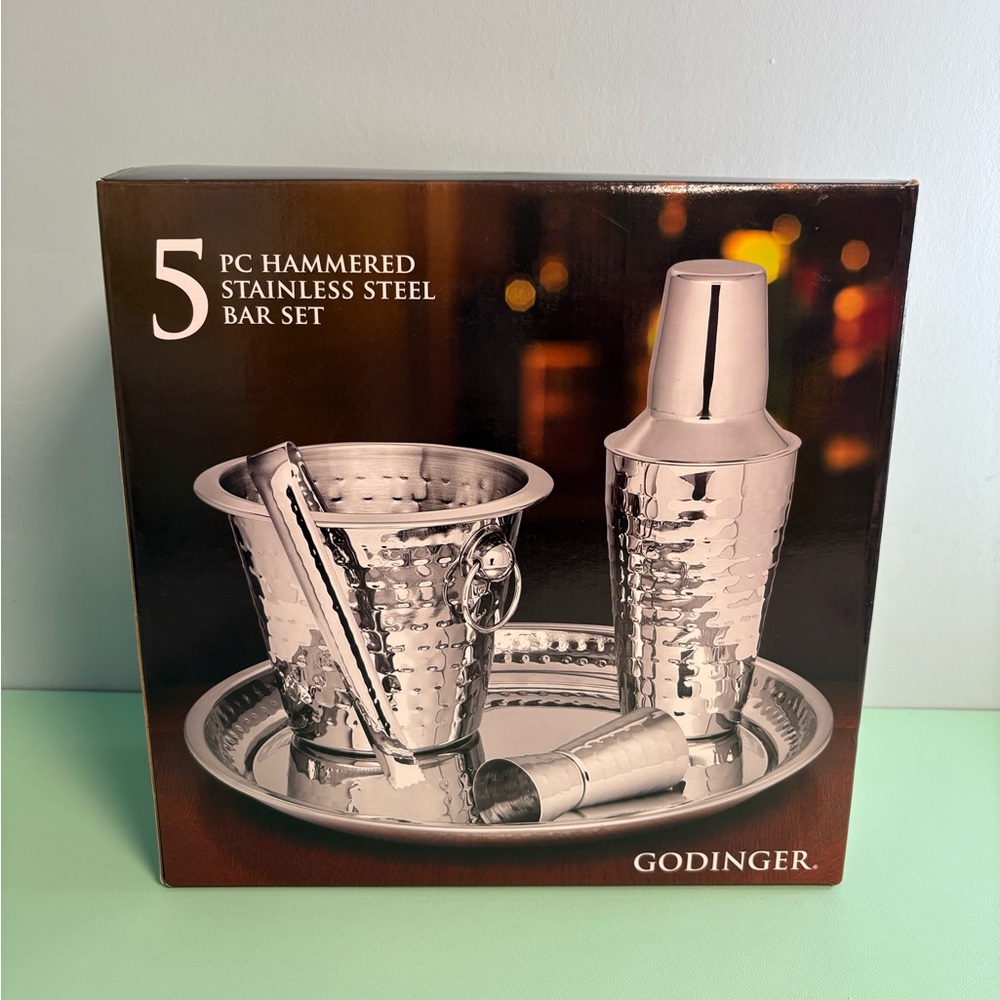 Godinger 5 Piece Hammered Stainless Steel Bar Set, Bar  Tools, Ice Bucket Set